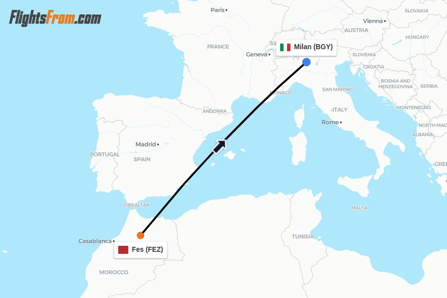 Flights from Fes to Milan route map