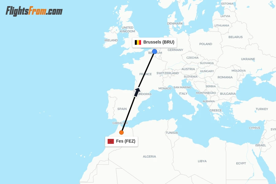 Flights from Fes to Brussels route map