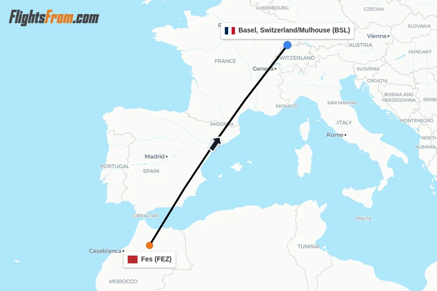Flights from Fes to Basel, Switzerland/Mulhouse route map