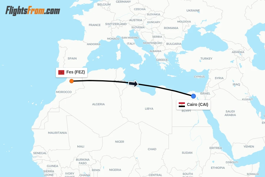 Flights from Fes to Cairo route map