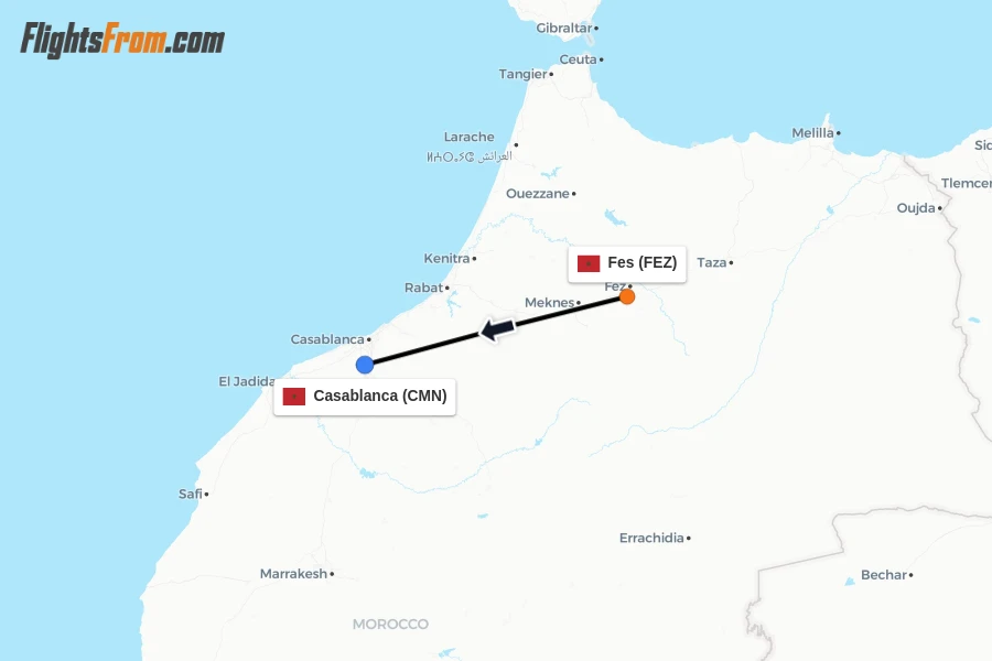 Flights from Fes to Casablanca route map