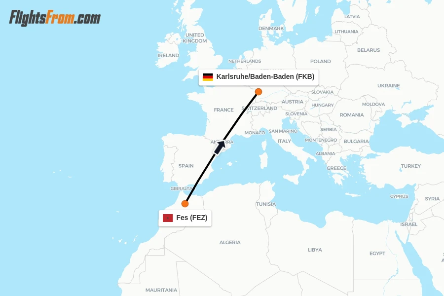 Flights from Fes to Karlsruhe/Baden-Baden route map