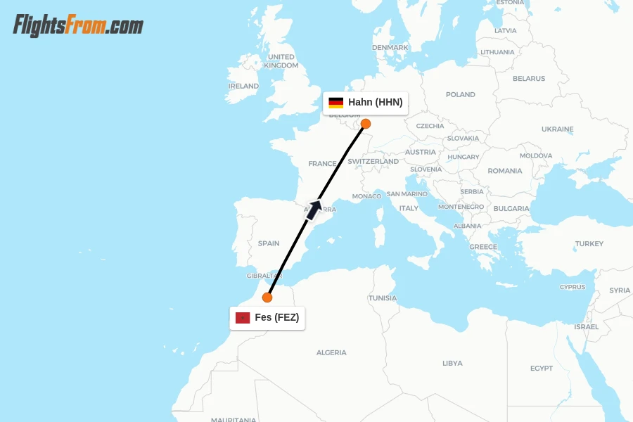 Flights from Fes to Hahn route map
