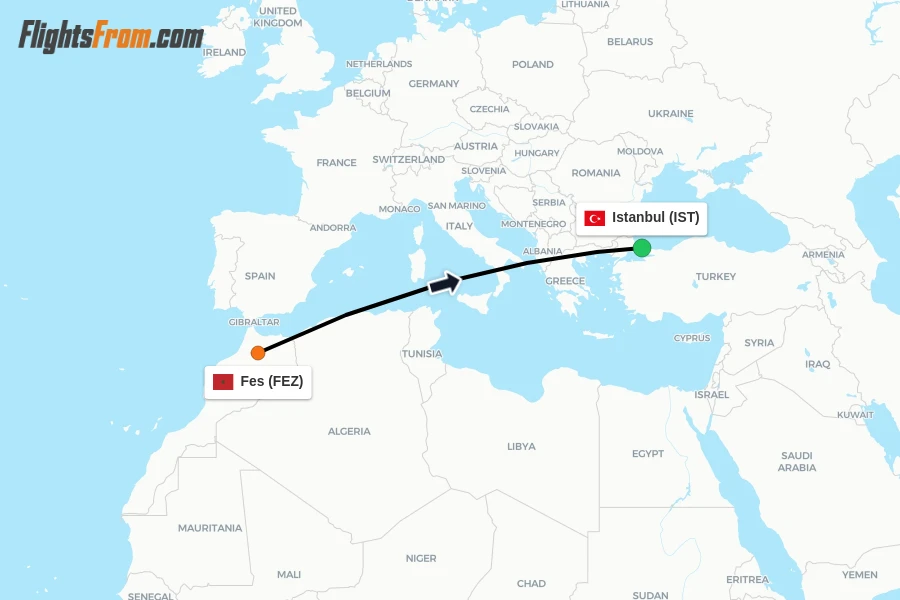 Flights from Fes to Istanbul route map
