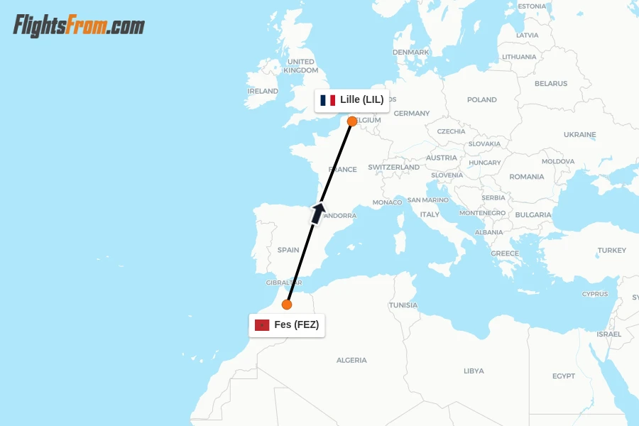 Flights from Fes to Lille route map