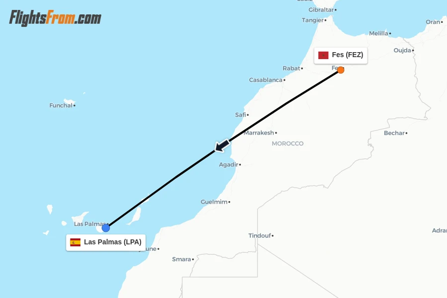Flights from Fes to Las Palmas route map