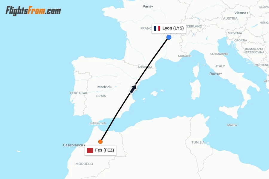 Flights from Fes to Lyon route map