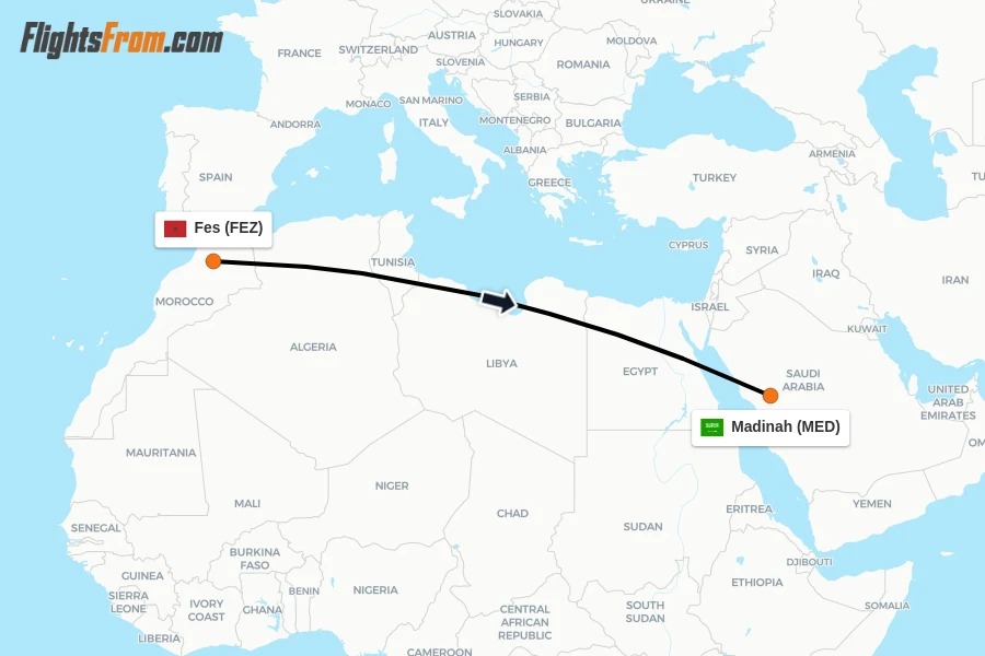 Flights from Fes to Madinah route map