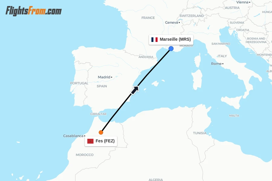 Flights from Fes to Marseille route map