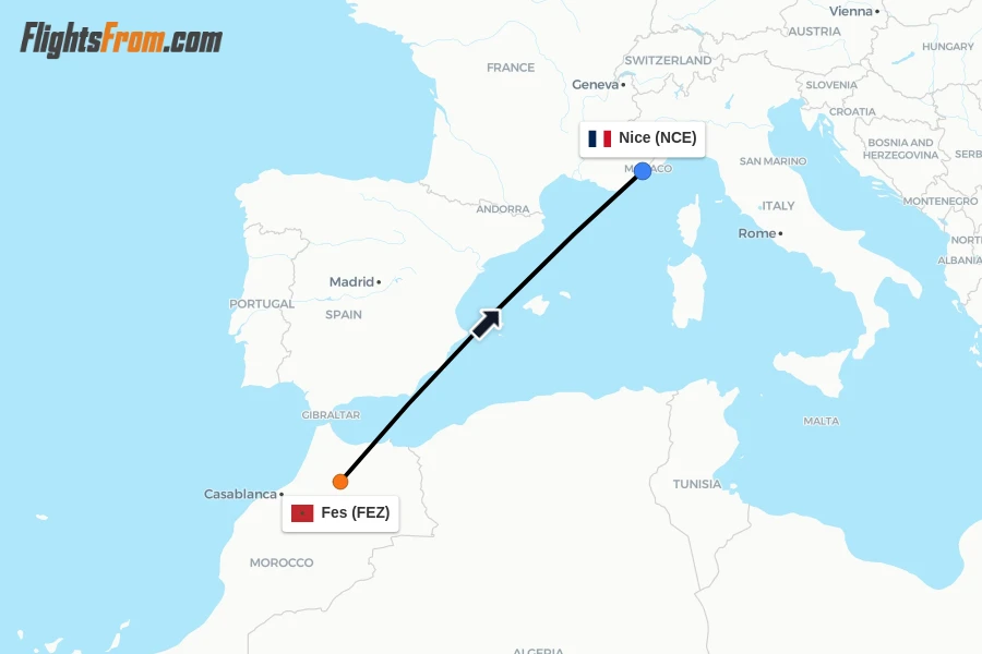 Flights from Fes to Nice route map