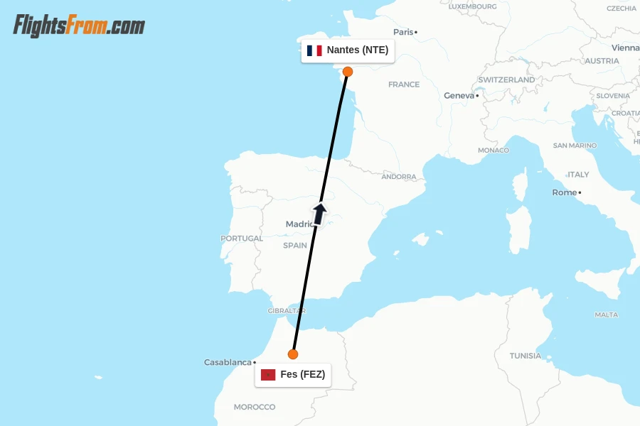 Flights from Fes to Nantes route map