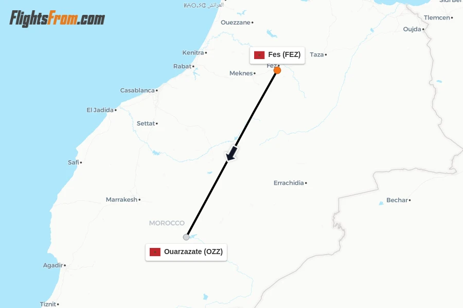 Flights from Fes to Ouarzazate route map