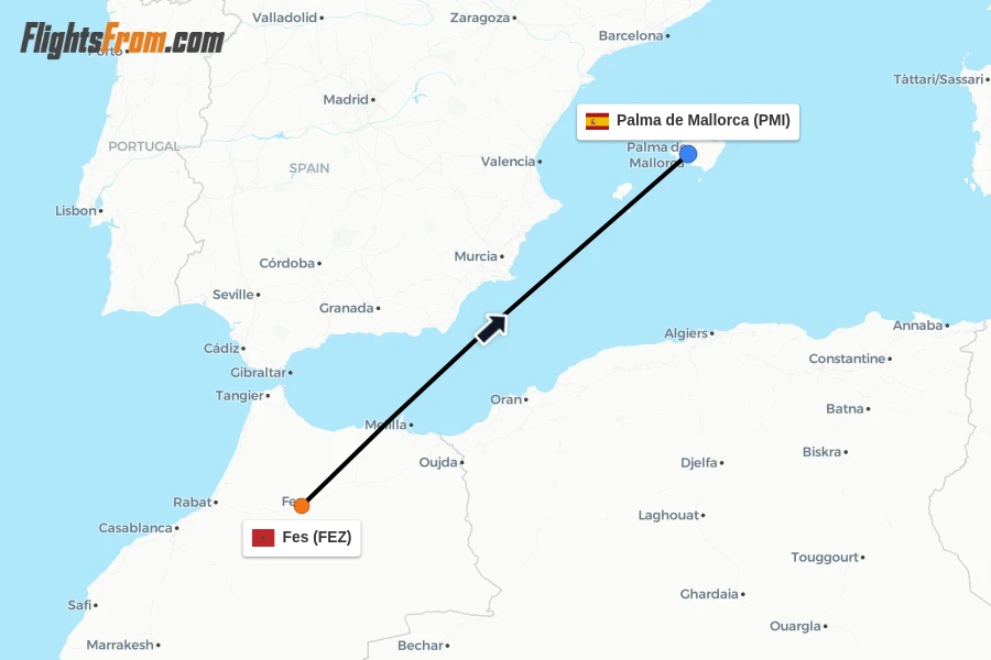 Flights from Fes to Palma de Mallorca route map