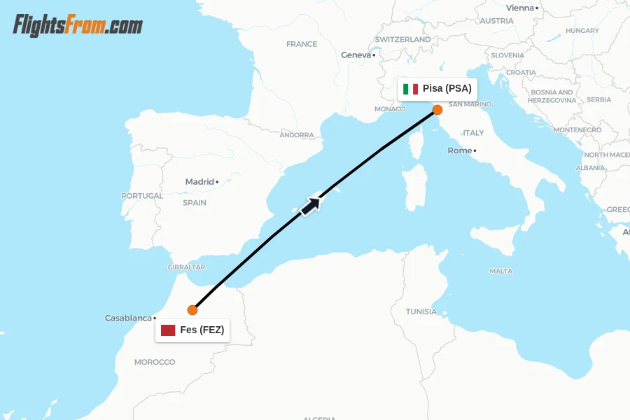 Flights from Fes to Pisa route map