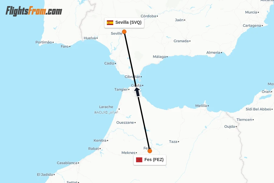 Flights from Fes to Sevilla route map