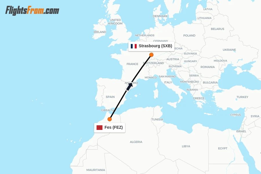 Flights from Fes to Strasbourg route map