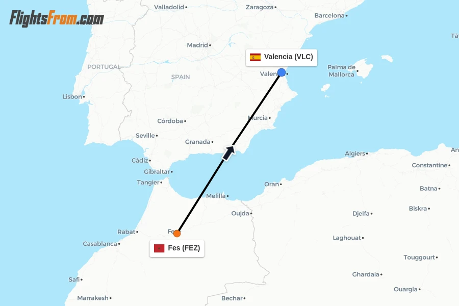 Flights from Fes to Valencia route map