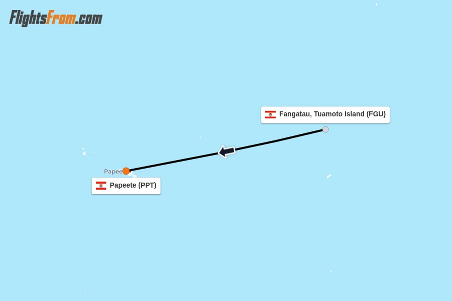 Flights from Fangatau, Tuamoto Island to Papeete route map