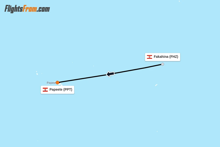 Flights from Fakahina to Papeete route map