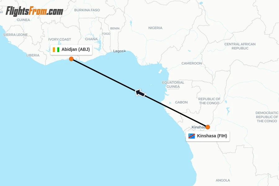 Flights from Kinshasa to Abidjan route map