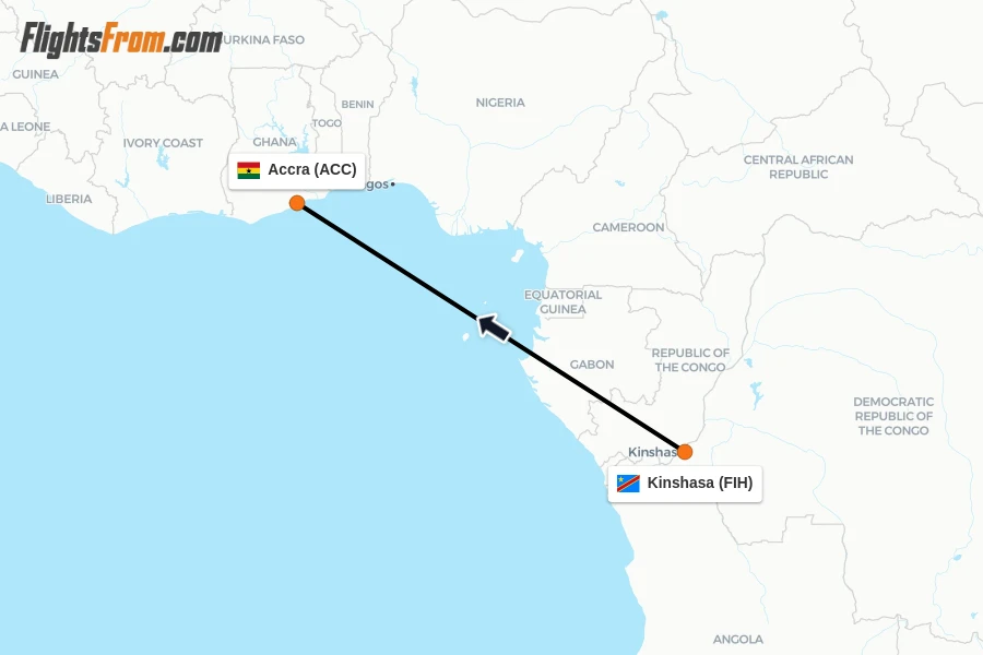 Flights from Kinshasa to Accra route map