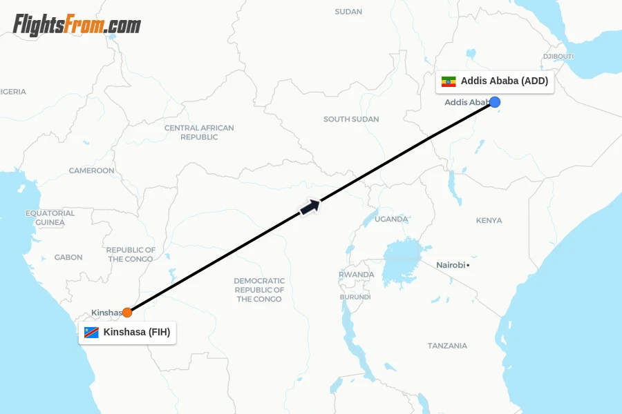 Flights from Kinshasa to Addis Ababa route map