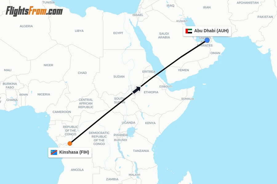 Flights from Kinshasa to Abu Dhabi route map