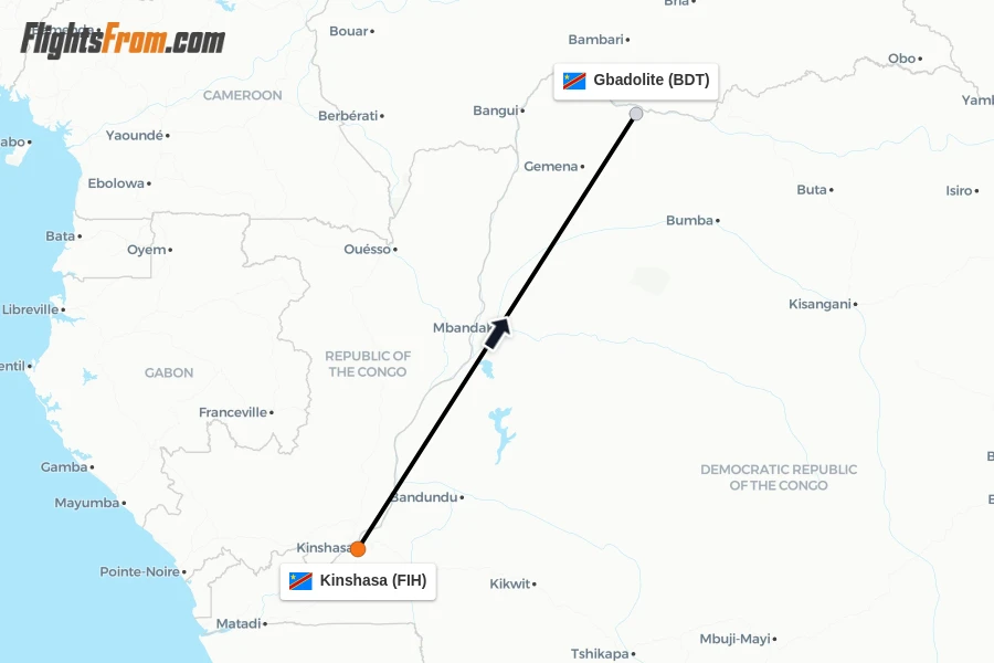 Flights from Kinshasa to Gbadolite route map
