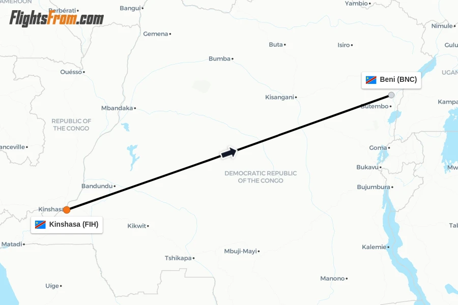 Flights from Kinshasa to Beni route map