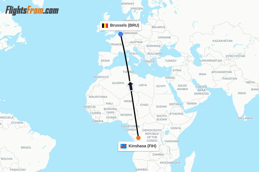 Flights from Kinshasa to Brussels route map
