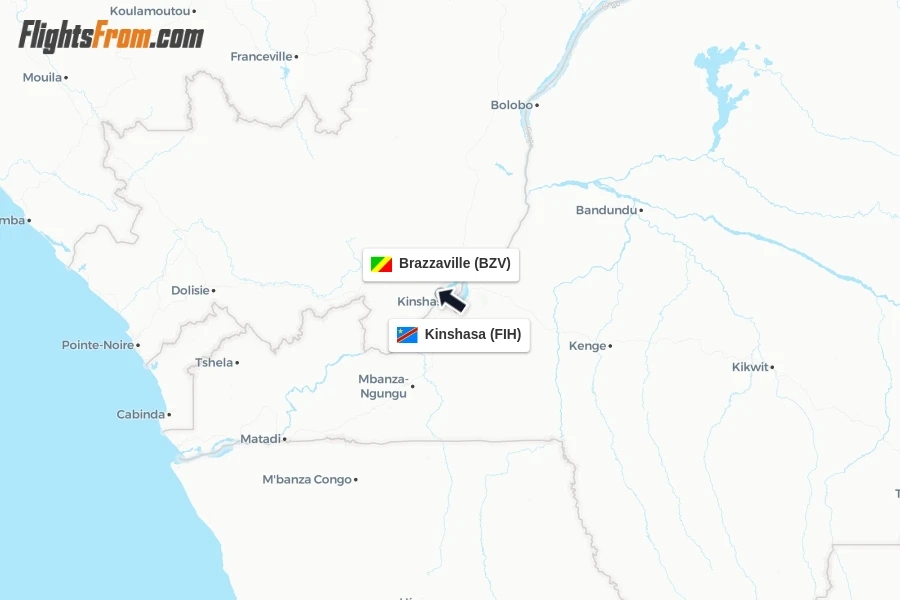 Flights from Kinshasa to Brazzaville route map
