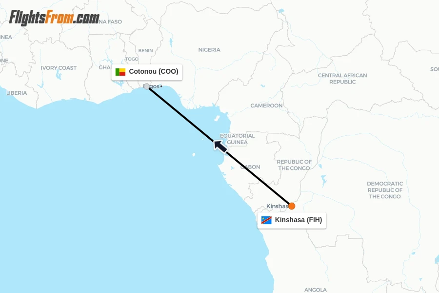 Flights from Kinshasa to Cotonou route map