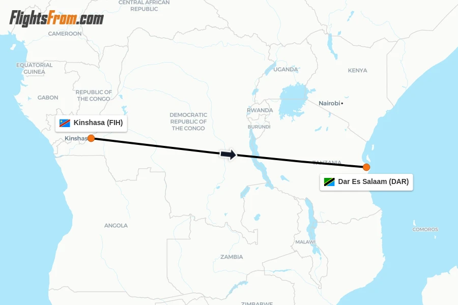 Flights from Kinshasa to Dar Es Salaam route map