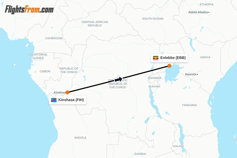 Flights from Kinshasa to Entebbe route map