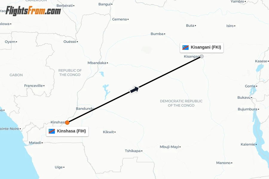Flights from Kinshasa to Kisangani route map