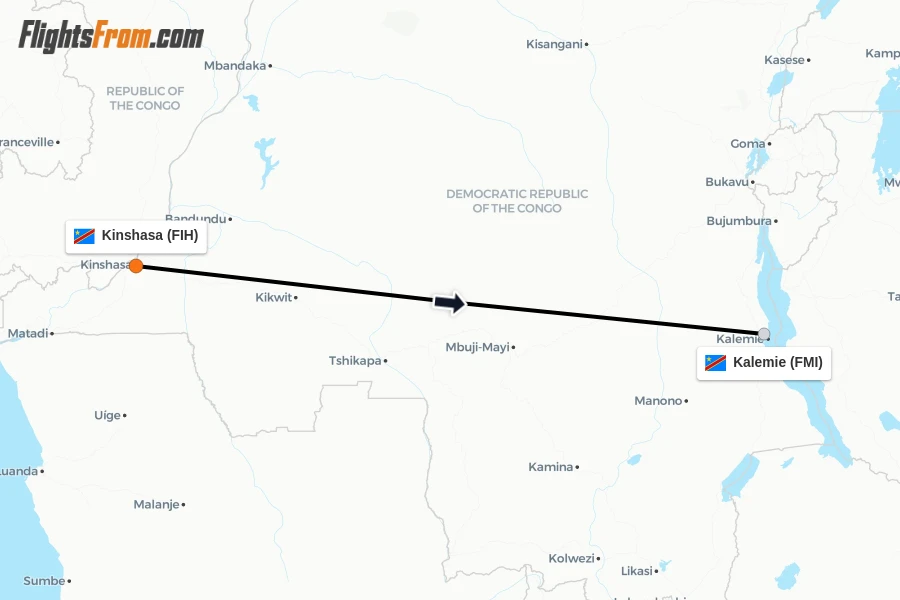 Flights from Kinshasa to Kalemie route map