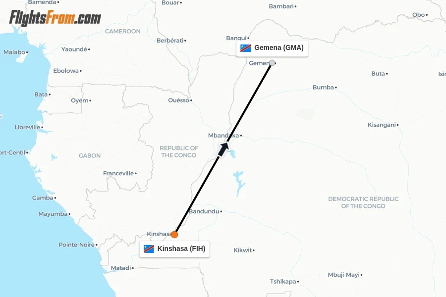 Flights from Kinshasa to Gemena route map