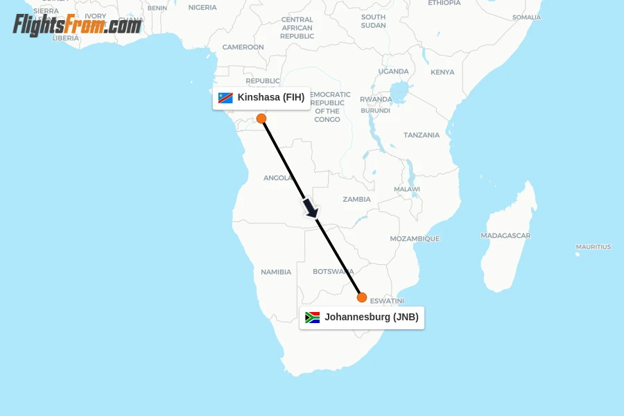Flights from Kinshasa to Johannesburg route map