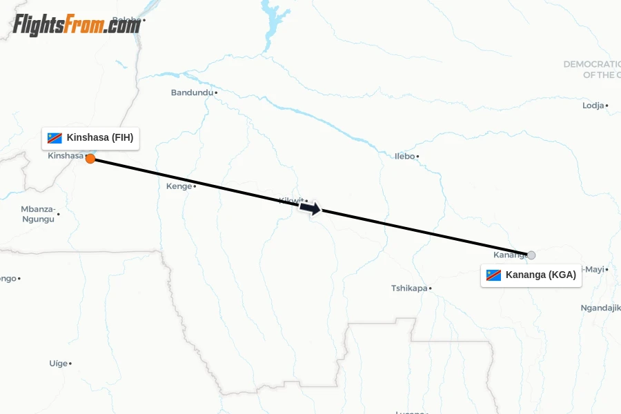 Flights from Kinshasa to Kananga route map