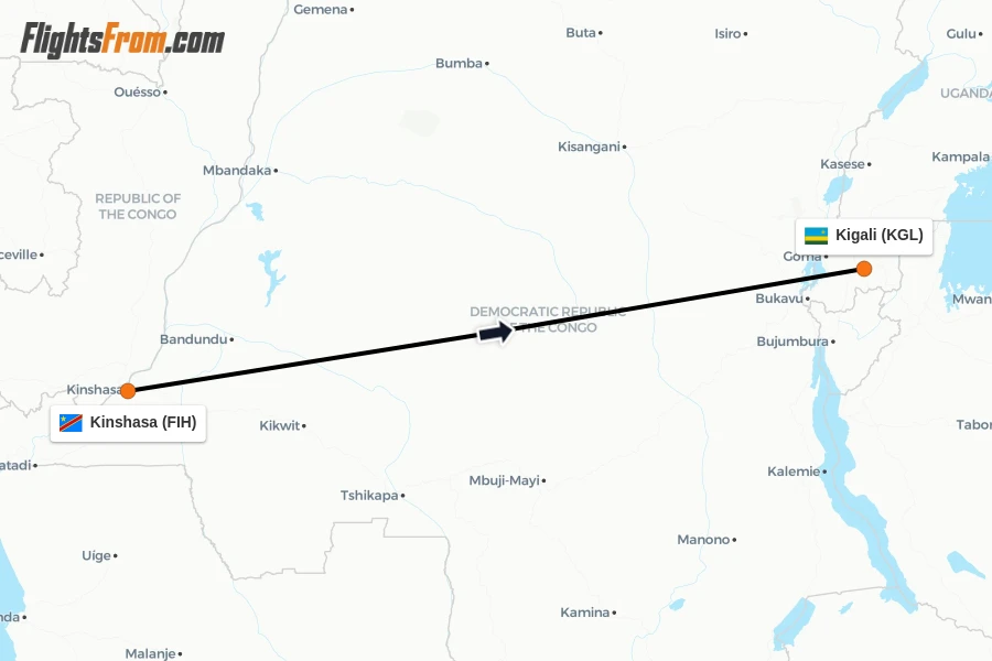 Flights from Kinshasa to Kigali route map