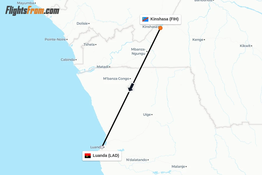 Flights from Kinshasa to Luanda route map