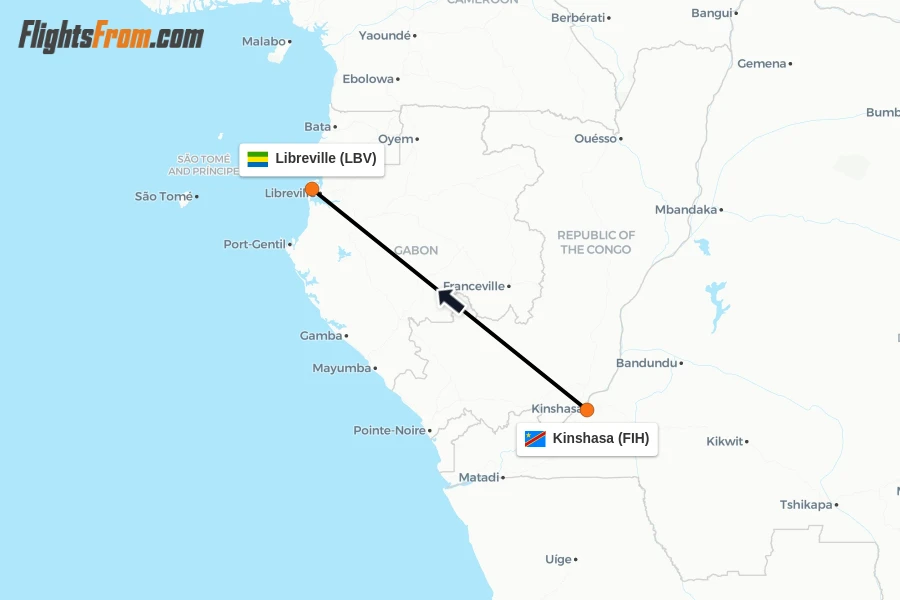 Flights from Kinshasa to Libreville route map
