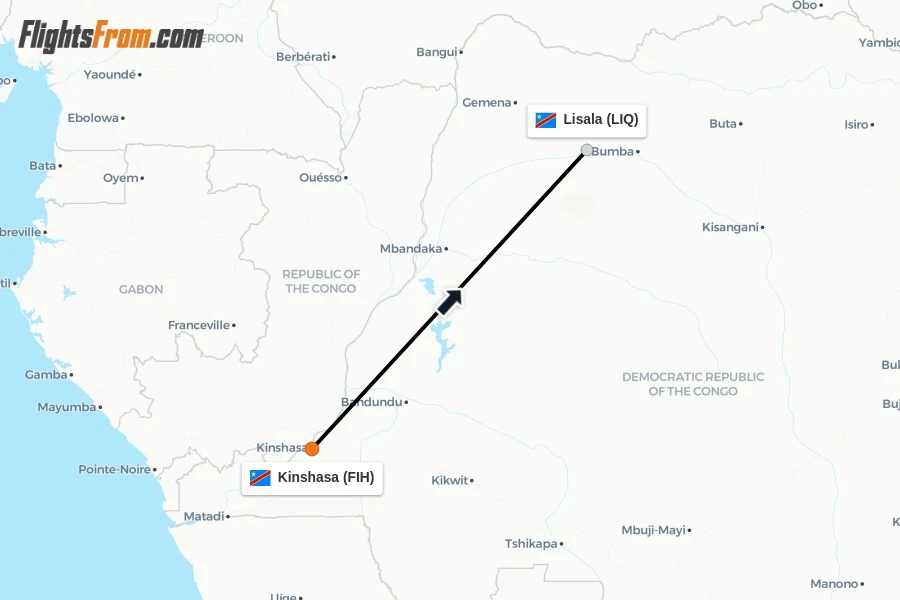 Flights from Kinshasa to Lisala route map