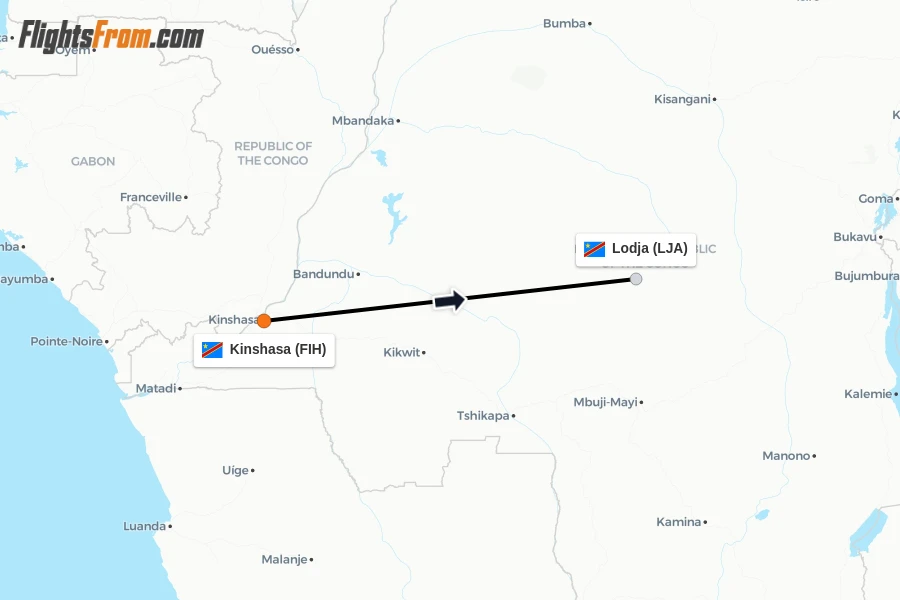 Flights from Kinshasa to Lodja route map