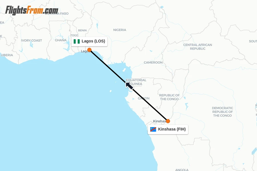 Flights from Kinshasa to Lagos route map