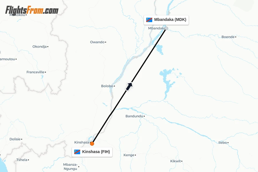 Flights from Kinshasa to Mbandaka route map