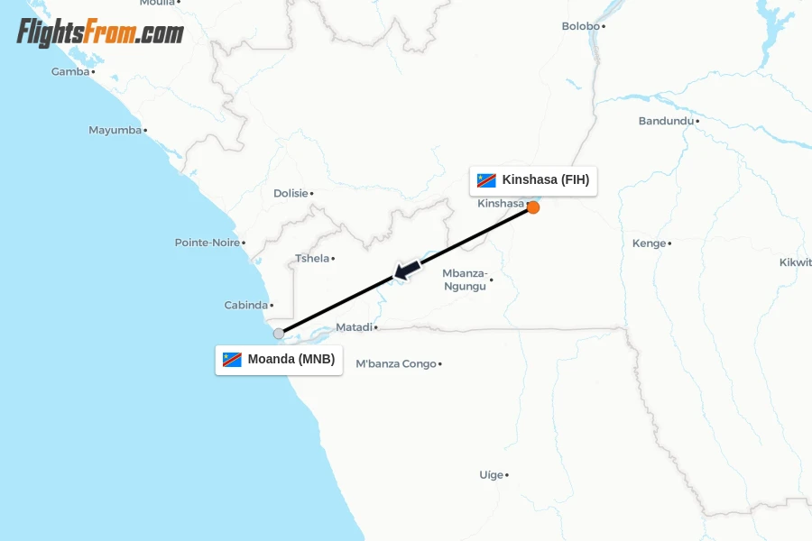 Flights from Kinshasa to Moanda route map