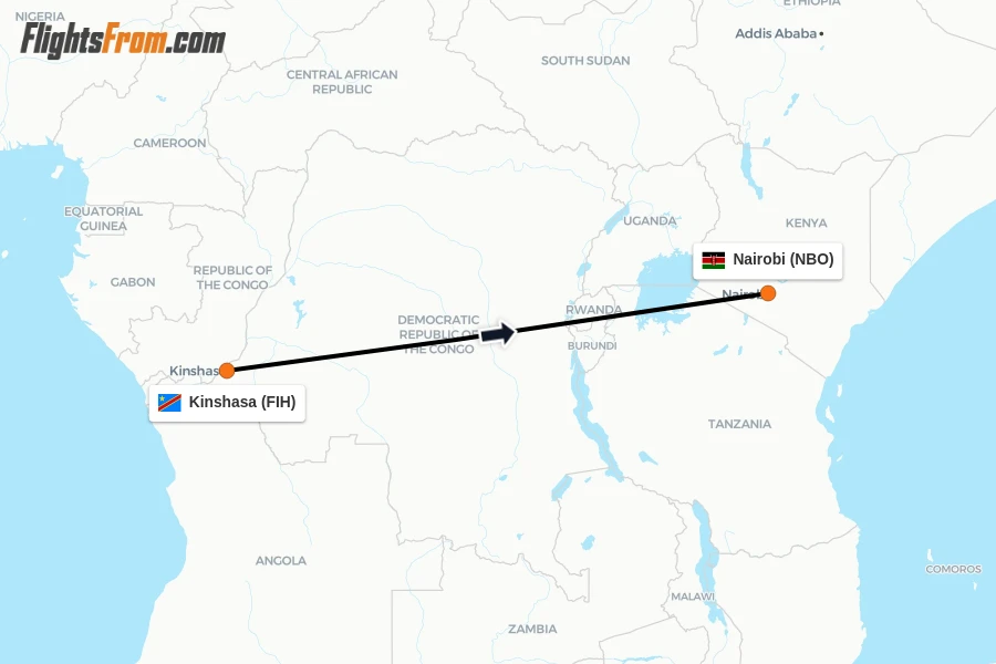 Flights from Kinshasa to Nairobi route map