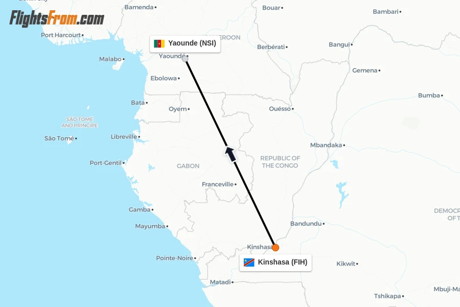 Flights from Kinshasa to Yaounde route map