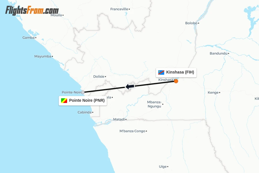 Flights from Kinshasa to Pointe Noire route map
